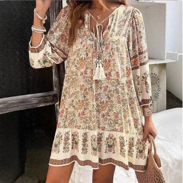 Sunset Boho V-Neck Mini Dress