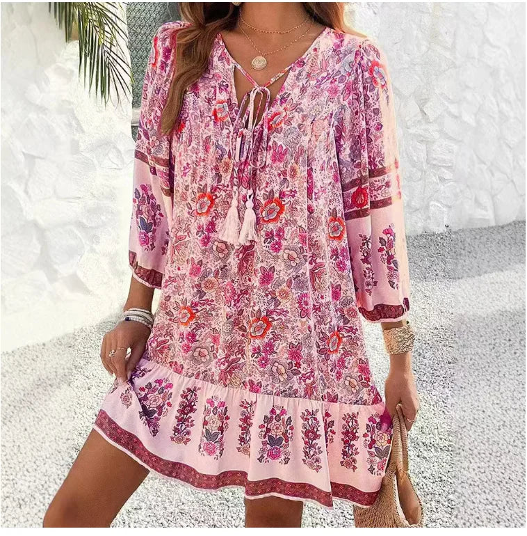 Sunset Boho V-Neck Mini Dress