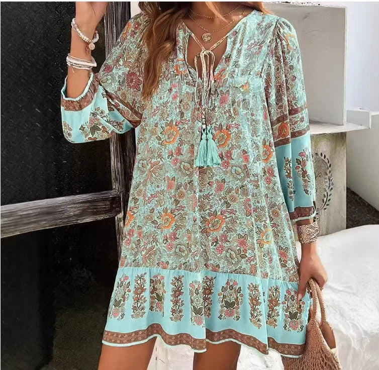 Sunset Boho V-Neck Mini Dress
